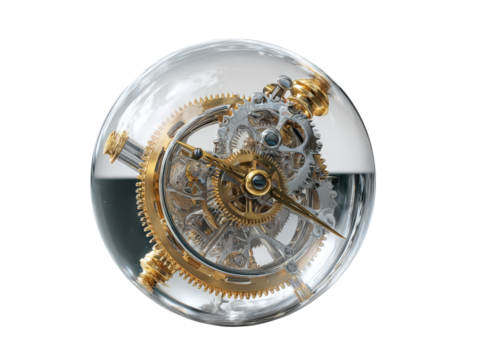 Intricate gold and silver clockwork mechanism with exposed gears inside a liquid-filled glass sphere. - Powered by Adobe