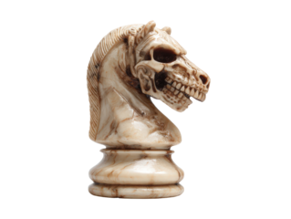 Macabre chess knight sculpted as a skeletal horse head with a marbled bone-like finish.