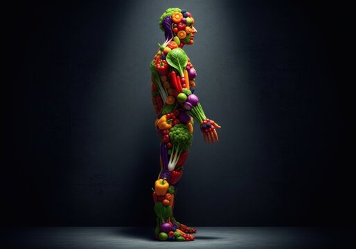 A human body shape made of colorful vegetables and fruits, representing health, nutrition, and a healthy lifestyle through organic food