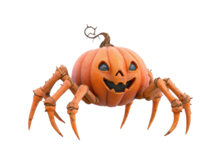 Creepy jack-o-lantern spider hybrid with a carved face and thorny segmented legs.