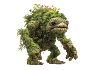 Ancient mossy forest elemental a fantasy creature made of gnarled wood and vibrant green plants.