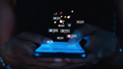 Close-up of hands using a smartphone with glowing screen, surrounded by floating social media icons, likes, followers, and notifications. Concept of digital lifestyle, online communication, ai - Powered by Adobe