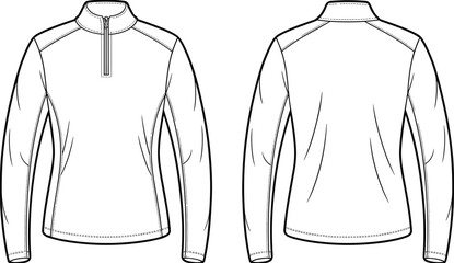 Long sleeve pullover top, half zip collar design, technical flat sketch, athletic sportswear, fashion vector template, sweatshirt illustration drawing © rakib's world