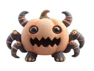 Whimsical Halloween pumpkin monster with textured skin striped horns and bat-like wings.