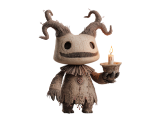 Charming wooden forest spirit with twisted horns and a stitched smile holding a lit candle.