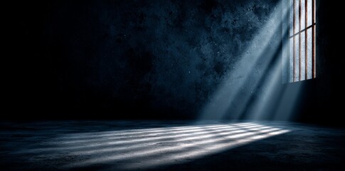 Natural light pours into the room through a large window, casting playful shadows on the wall of the space that is painted a deep blue