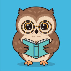 Wise cartoon owl with spectacles reading a book, educational mascot illustration