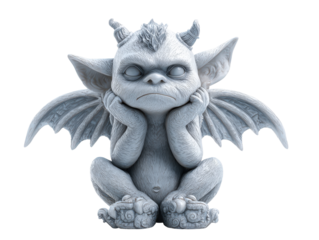 A small bored gargoyle statue with a grumpy expression resting its chin on its hands.