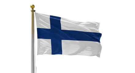 Flag of Finland waving on flagpole isolated on white background, Finnish national symbol and patriotic design for events and cultural celebrations