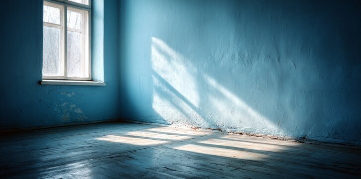 A deep blue paint job and a large window that brings in natural light combine to create playful shadows on the wall in the room