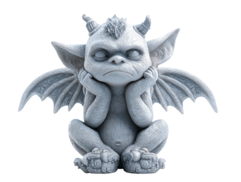 A small bored gargoyle statue with a grumpy expression resting its chin on its hands.