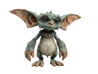 A small furry fantasy creature with weathered teal skin large bat-like ears and big black eyes.