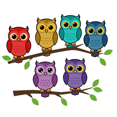 Cute Colorful Cartoon Owls Perched on Tree Branches - Vector Illustration Set