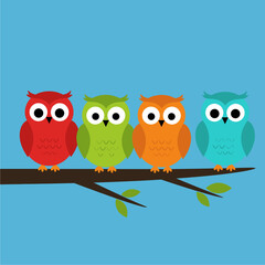 Four Colorful Cartoon Owls Perched on a Branch - Cute Vector Illustration for Kids