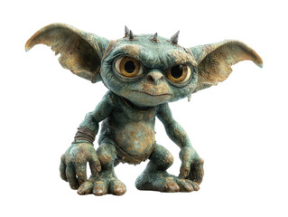 A small green fantasy creature with large yellow eyes spiky head and textured skin.