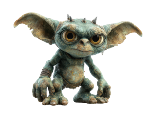 A small green fantasy creature with large yellow eyes spiky head and textured skin.