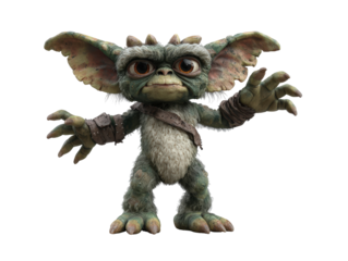 Small furry green goblin creature with large ears horns and big brown eyes in a menacing pose.