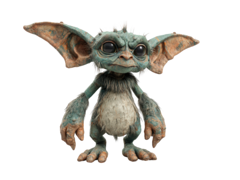 A small furry fantasy creature with weathered teal skin large bat-like ears and big black eyes. - Powered by Adobe