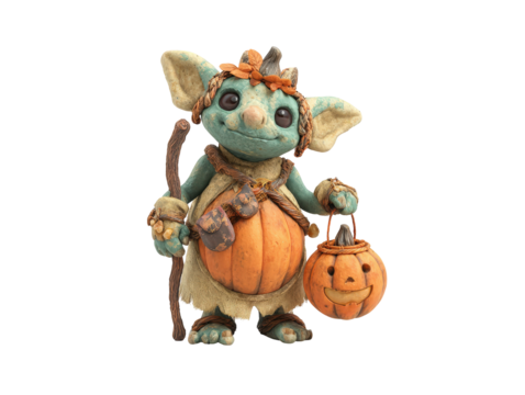 Charming claymation goblin with a pumpkin belly holding a staff and a smiling jack-o-lantern.