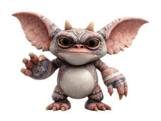 A grumpy fantasy gremlin with large patterned ears horns and intricate red and black textured skin.