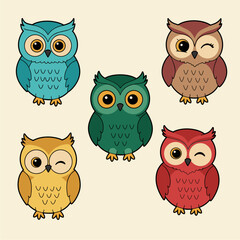 Cute Cartoon Owls Collection: Adorable Vector Illustration Set with Colorful Characters and Expressive Faces