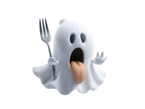 A hungry 3D cartoon ghost with a surprised expression holding a fork with its mouth open and tongue out. - Powered by Adobe
