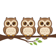 Three Adorable Cartoon Owls Sitting on a Tree Branch Illustration
