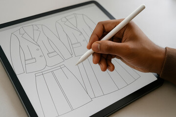 Hand using digital pen to design modern women's clothing on tablet, featuring blazer and skirt fashion sketches for creative inspiration