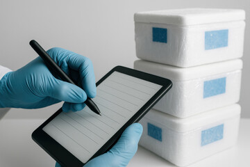 Lab technician in blue gloves recording data on a digital tablet beside stacked insulated medical packages for cold chain logistics