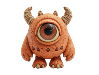 Chubby orange cyclops monster with porous skin four ridged horns and a large detailed brown eye.