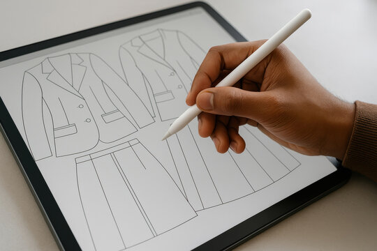Hand using digital pen to design modern women's clothing on tablet, featuring blazer and skirt fashion sketches for creative inspiration