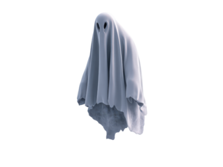 A classic floating ghost covered in a light gray draped sheet with dark hollow eye sockets.