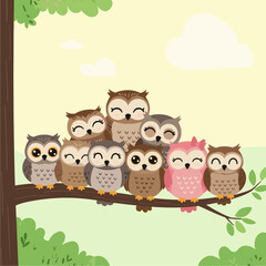 Adorable cartoon owl family on a tree branch. Happy forest birds illustration perfect for children's designs and nature themes.