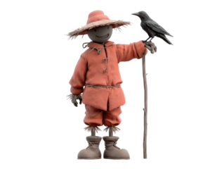Charming scarecrow in an orange suit and straw hat holding a staff with a perched black crow.
