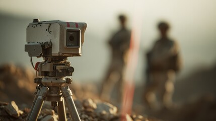 Close medium shot focusing on a sapper drones highresolution lidar sensor scanning rugged terrain with the minefield background softly blurred to emphasize advanced surveying