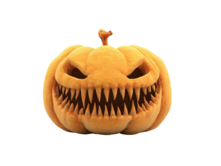 Menacing carved Halloween pumpkin with a terrifying grin and rows of sharp jagged teeth.