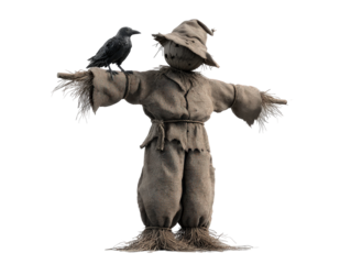 Burlap scarecrow with outstretched arms a stitched face and a black crow perched on its shoulder.
