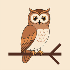 Cute Cartoon Owl Perched on Branch - Simple Vector Illustration of a Wise Forest Bird
