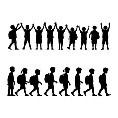 Children raising hands and walking with backpacks kids