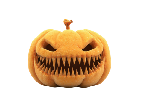 Menacing carved Halloween pumpkin with a terrifying grin and rows of sharp jagged teeth. - Powered by Adobe