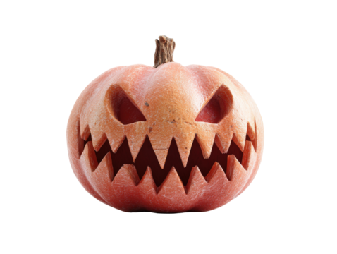 Frightening orange Jack-o-lantern with a menacing carved face and sharp jagged teeth.