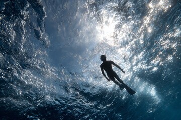 Underwater scene featuring a diver exploring the ocean depths with shimmering sunlight above
