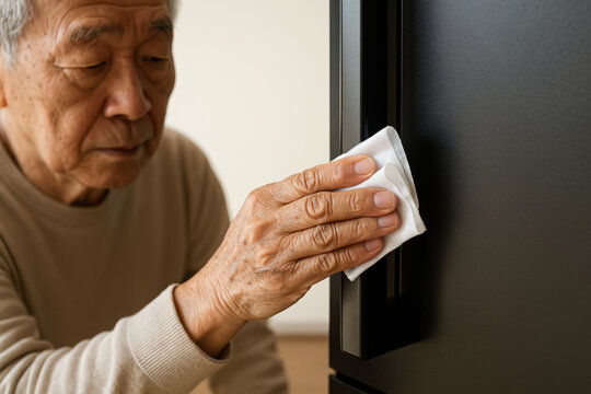 Elderly man cleaning modern refrigerator handle with cloth in bright kitchen, focusing on hygiene and household maintenance