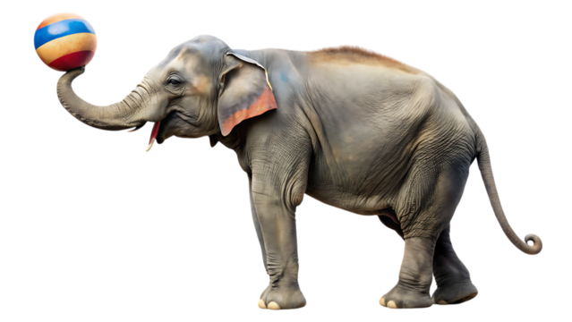 Circus Elephant Balancing Ball on Trunk Isolated on White Background as Transparent. PNG. AI GENERATED