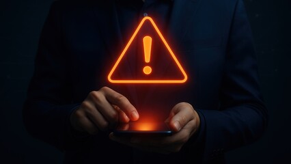 Businessman in navy suit interacts with glowing scam alert warning triangle icon, showing digital scam, spam alert and fraud alert cybersecurity theme