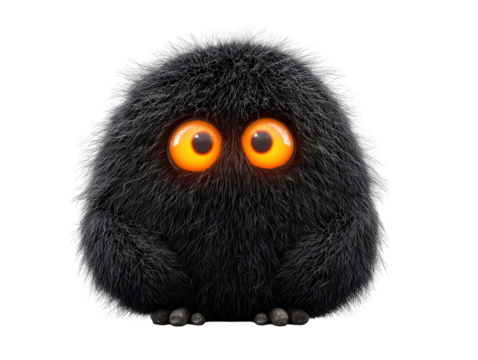 Adorable fluffy black fur ball monster with huge luminous orange eyes and small dark feet.