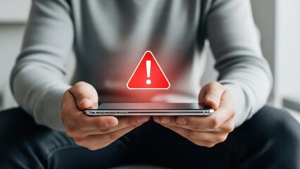 Man holding smartphone with glowing warning triangle above screen in minimal setting, showing digital scam, fraud alert and spam alert technology warning concept