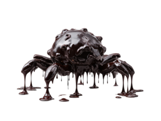 A glossy dark chocolate spider with a bumpy body melting and dripping viscous liquid.