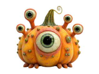Monstrous Orange Pumpkin Creature with Multiple Realistic Stalked Green Eyes.