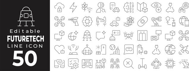 Technology and digital device set of web icons in line style. Tech linear icons collection. Containing digital, smart, device, artificial, cyber, communication, innovation, electronic, virtual, machin